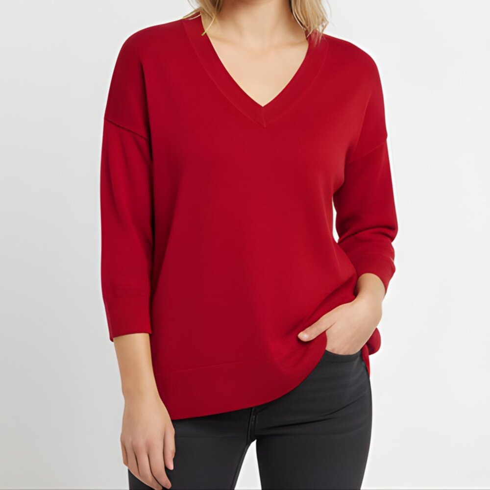 LOFT Red V Neck Sweater Womens Large 3/4 Sleeve Classic Pullover